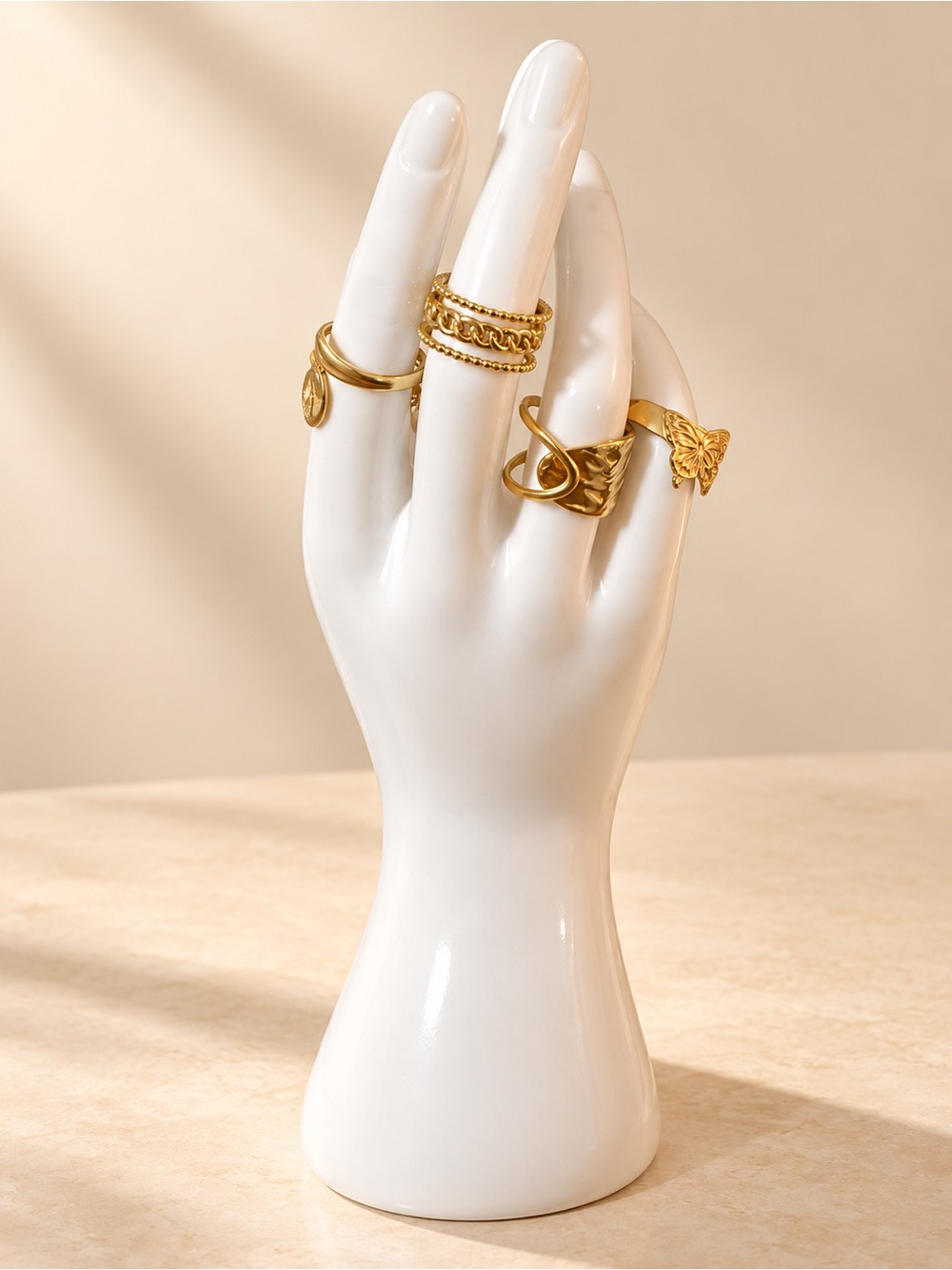 Gold Butterfly & Mix-Texture Stackable Ring Set - Gold